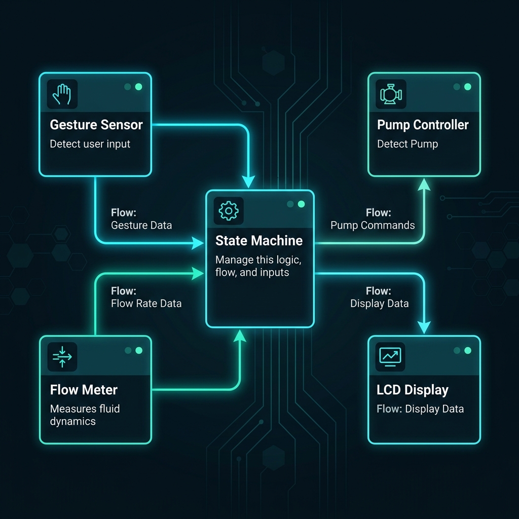 Aquaflow system architecture: gesture sensor, flow meter, state machine, pump controller, LCD